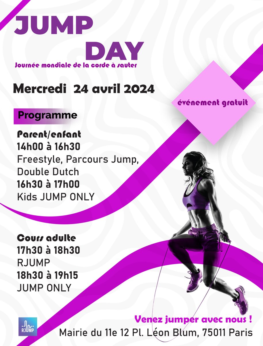 Venez jumper, avec nous ! Rendez-vous le mercredi 24 avril à partir de 14h à la Mairie du 11e pour la Journée mondiale de la corde à sauter. Retrouvez le programme ci-dessous :