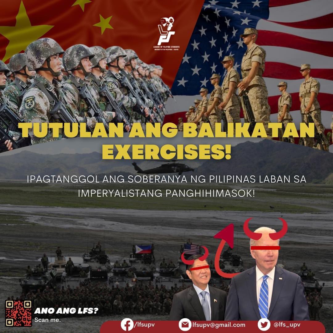lfs_upv's tweet photo. Ngayong araw, ika-22 ng Abril 2024, nagsimula na ang pinakamalaking Balikatan war exercises na magtatapos sa ika-9 ng Mayo. Taun-taon, ang saklaw at agresyon ng mga war exercises na ito ay patuloy na lumalawak.

Mariin itong kinokondena ng League of Filipino Students UPV. https://t.co/KHIcsiBzM4