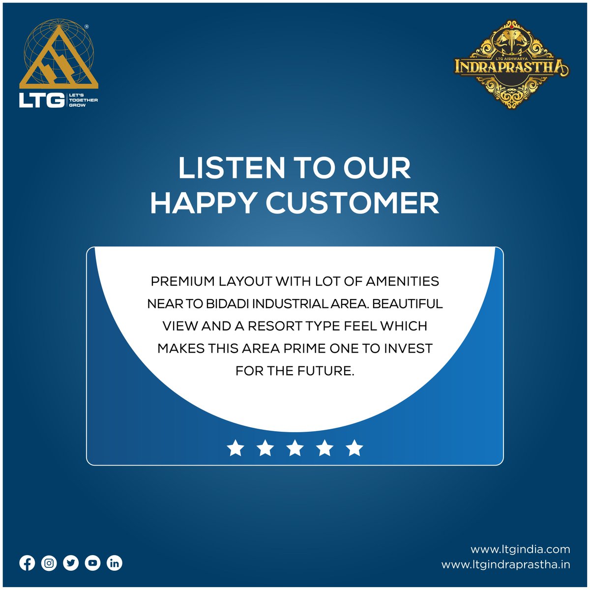 It is trust like this that pushes us to do better. And we hope to live up to the high standards we have set.

#LTG #Plots #land #Villaplots #ResidentialPlots #communityplots #LuxuryPlots #plotteddeveopment #Realestate #Bangalore #MysoreRoad