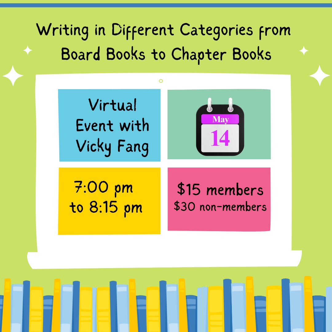 Join Author & illustrator Vicky Fang for a virtual event on May 14th! She'll talk about how to expand your storytelling skills to different categories. Register here: scbwi.org events/writing-in-different-categories-from-board-books-to-chapter-books