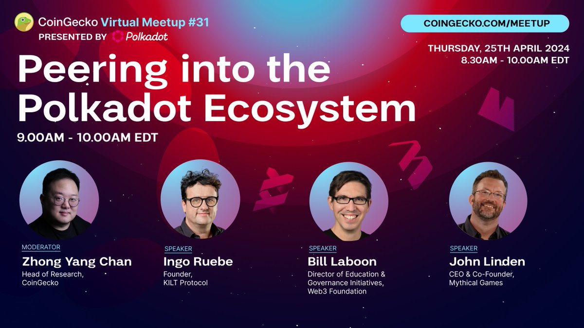 This Thursday @ingoruebe will be part of @coingecko's virtual meetup, discussing all things @Polkadot together with @BillLaboon, @johnwastaken and @Zhongychan. #COINGECKOMEETUP Join here: gcko.io/meetup31