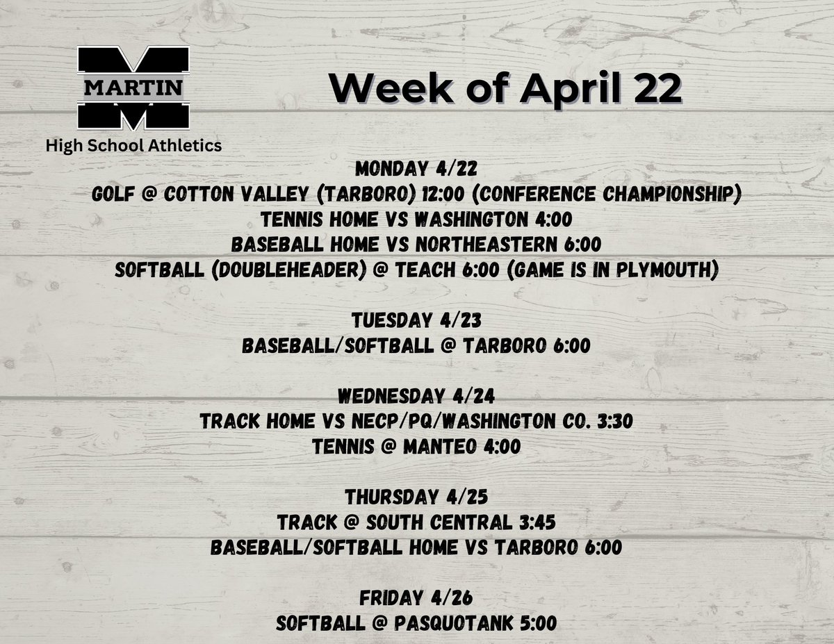 MartinCoSchNC's tweet photo. This week in Martin High School Athletics!
#gomarco https://t.co/XWgZ1bvixB