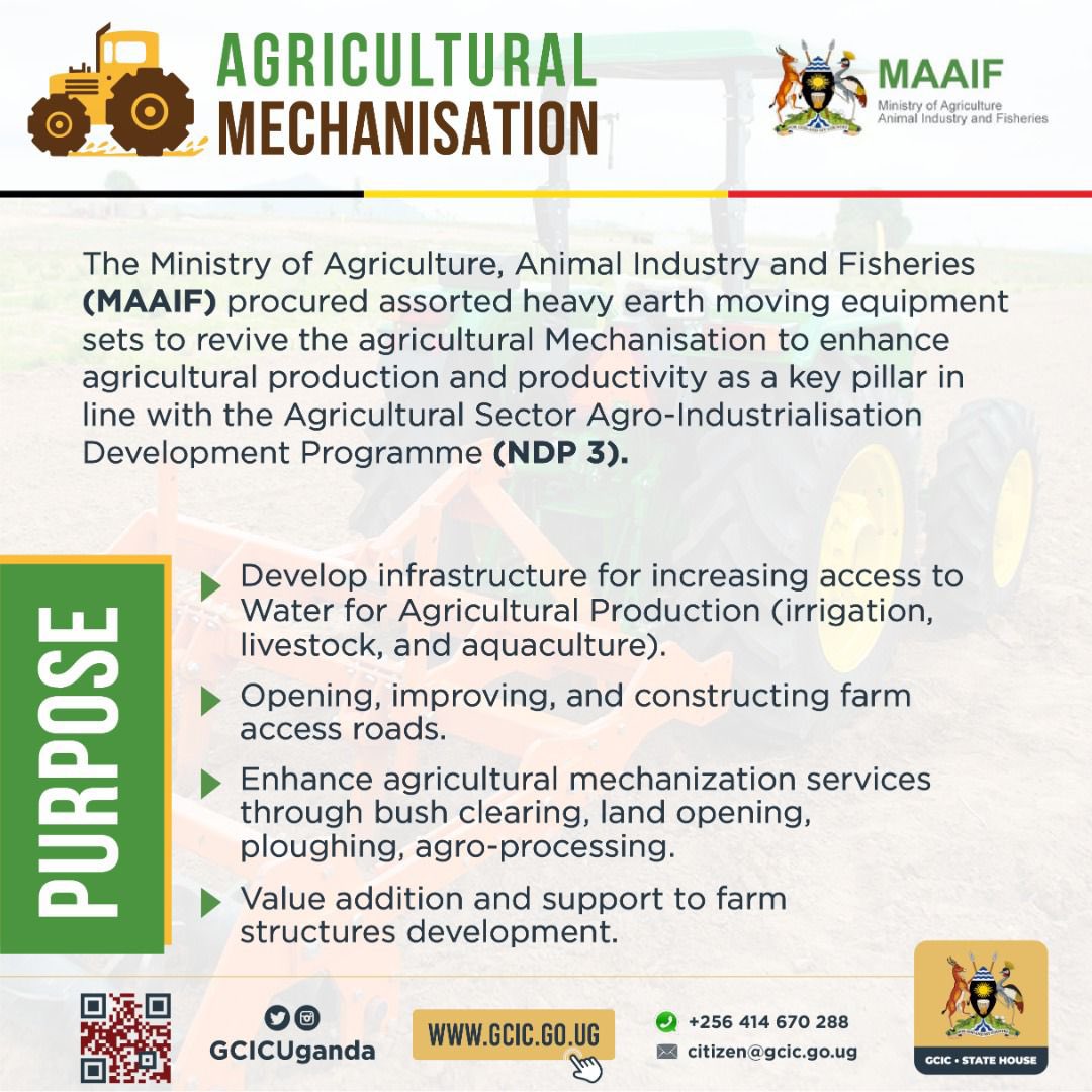 𝐀𝐆𝐑𝐈𝐂𝐔𝐋𝐓𝐔𝐑𝐄 𝐌𝐄𝐂𝐇𝐀𝐍𝐈𝐒𝐀𝐓𝐈𝐎𝐍 In line with NDP 3's focus on agricultural development, @MAAIF_Uganda procured heavy earth moving equipment to boost mechanization, supporting farmers and processors. #OpenGovUg @MAAIF_Uganda