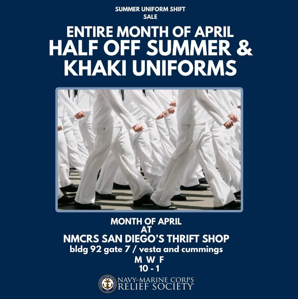Don’t forget to stop by today and shop our summer uniform shift sale!
Navy-Marine Corps Relief Society San Diego Thrift Shop
Bldg 92 Gate 7 / Vesta and Cummings
10am-1pm Monday, Wednesday, Friday 
#NMCRS #financialfreedom #militaryfamily #NavyReadiness #GetThrifty #ThriftShop