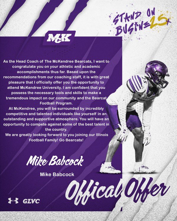 I am so blessed and grateful to receive my first scholarship offer to play football at McKendree University! Thank you <a href="/CoachRejfek/">Jason Rejfek</a> <a href="/MikeBabcock44/">Mike Babcock</a>!
<a href="/CoachRhodes_FB/">Colton Rhodes</a> <a href="/KahokGridiron/">Collinsville Kahok Football</a> <a href="/EDGYTIM/">Timothy “EDGYTIM” OHalloran</a>