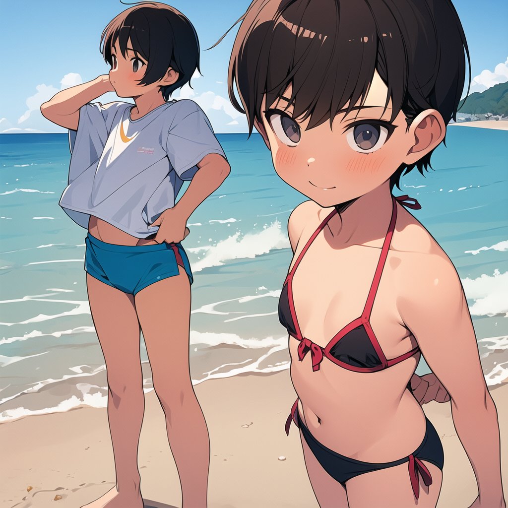 ショタ ビキニパンツ AIくん？君は水着の少女は普通に出せるからじゃあ少年はどうだ？と思って指示を出したんだが…何故「Swim  wear」で女性競泳水着着用のショタ、「bikini」だと普通に女性用ビキニ上下のショタを出してくるんだい？しかも３つめはご丁寧に裏表だときた ...