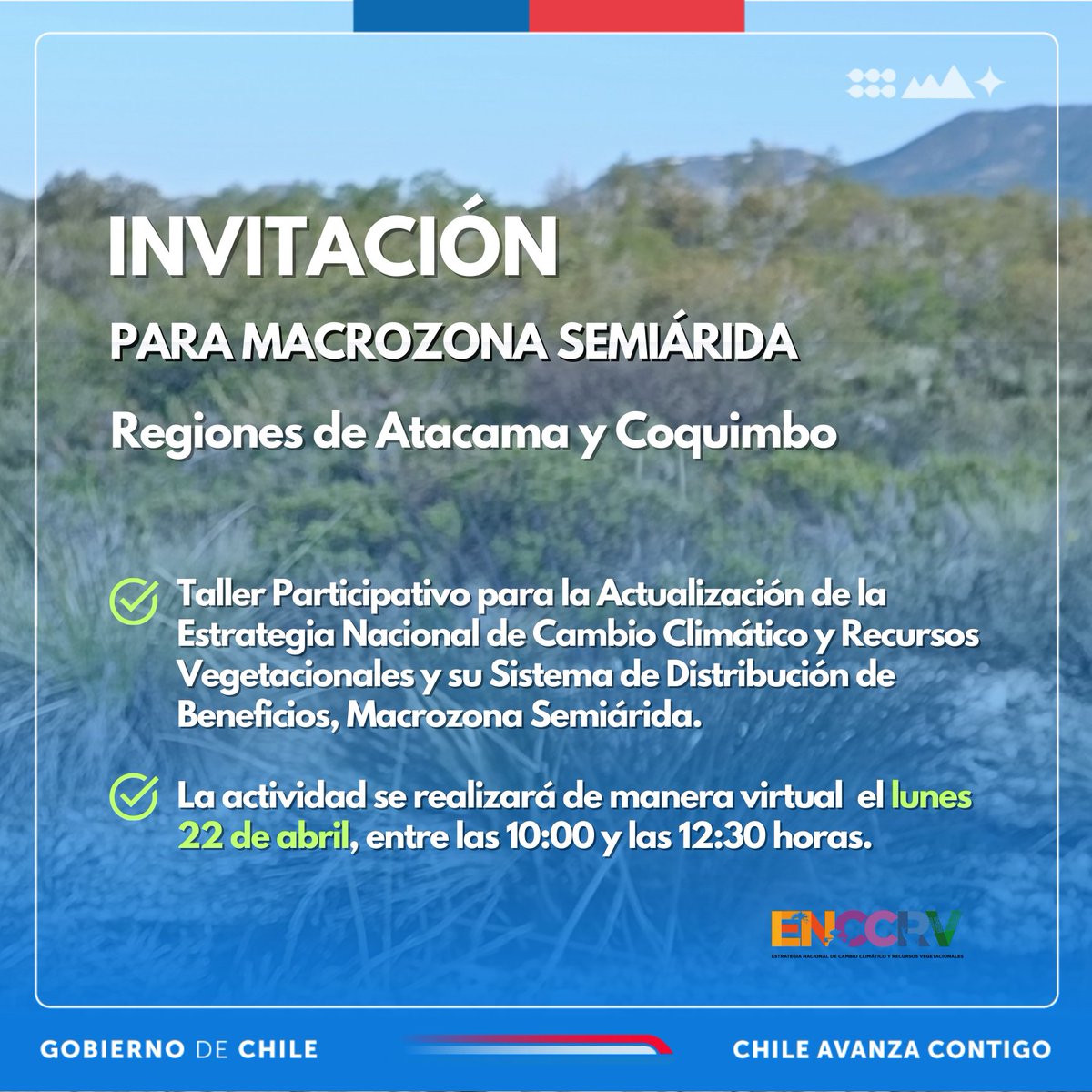 ➡️Recuerda que hoy lunes se realizará, de manera virtual, el taller participativo sobre 'Actualización de la Estrategia Nacional de Cambio Climático y Recursos Vegetacionales', para Macrozona Semiárida. ⏰10:00 a 12:30 horas Inscríbete aquí ahora👇 zoom.us/meeting/regist…