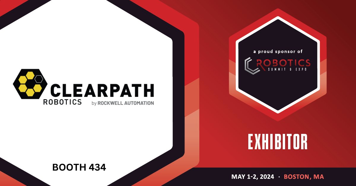 clearpathrobots's tweet image. We are thrilled to exhibit at the Robotics Summit &amp;amp; Expo in Boston from May 1 - 2. Join us at booth 434 to discuss the latest developments in robotics and discover what&apos;s new at Clearpath! 🤖 

#RSE2024 #clearpathrobotics