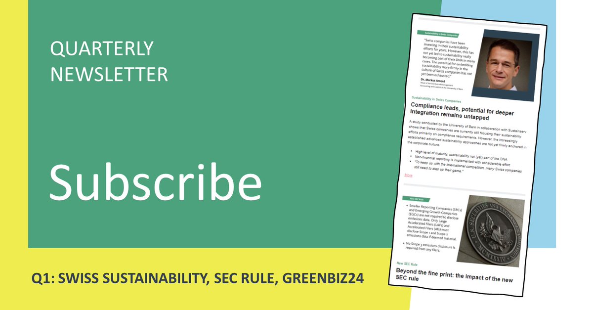 Our Q1 newsletter is out! In this issue we cover a study we did with @uniofbern on the sustainability efforts of Swiss co's, our perspective on the new SEC rule, our takeaways from #GreenBiz24 and more. Q1 newsletter: us13.campaign-archive.com/?u=1bc994166cf… Subscribe: us13.campaign-archive.com/home/?u=1bc994…