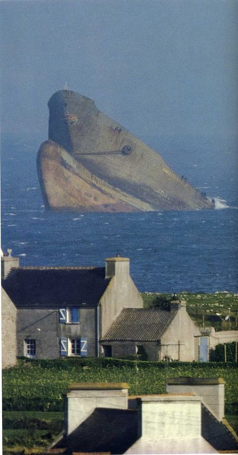 This famous picture of the tanker Amoco Cadiz, which ran aground off the coast of Brittany in 1978, resembles a giant whale surfacing