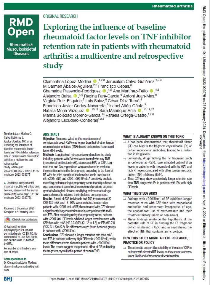 Nou article a #Docusalut: Exploring the influence of baseline rheumatoid factor levels on TNF inhibitor retention rate in patients with rheumatoid arthritis: a multicentre and retrospective study i.mtr.cool/osqdaagdsg @sonllatzer #PublicaSalutIB