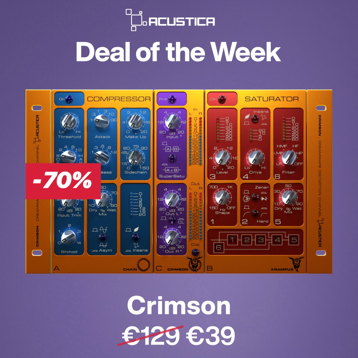 It's not a typo—it's really just €39! Crimson is the not-so-secret weapon for creative engineers craving a plethora of colorful distortion flavors! Don't miss out on the chance to boost your creativity with Crimson's unique features. Grab it now: acustica-audio.com/shop/products/…