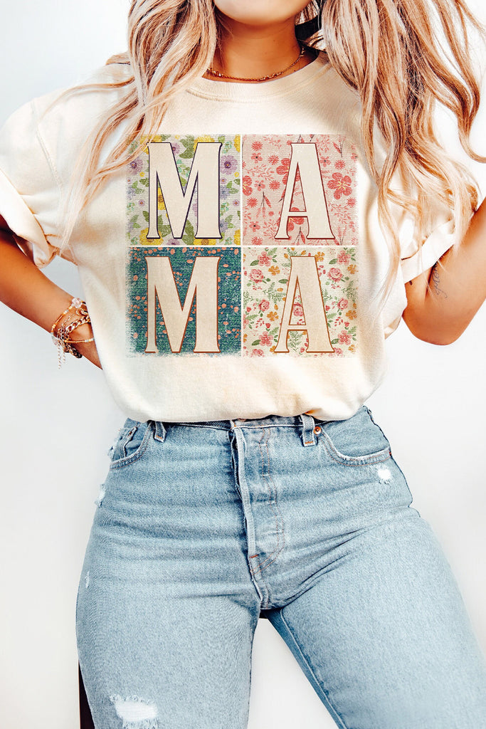 Celebrate the special woman in your life with a White MAMA Floral Block Graphic Casual T-Shirt! Perfect blend of style & comfort for everyday wear. Shop now for this quality cotton blend t-shirt: bit.ly/4aF96dE #MomLife #FashionEssentials #ComfortWear #FloralDesign