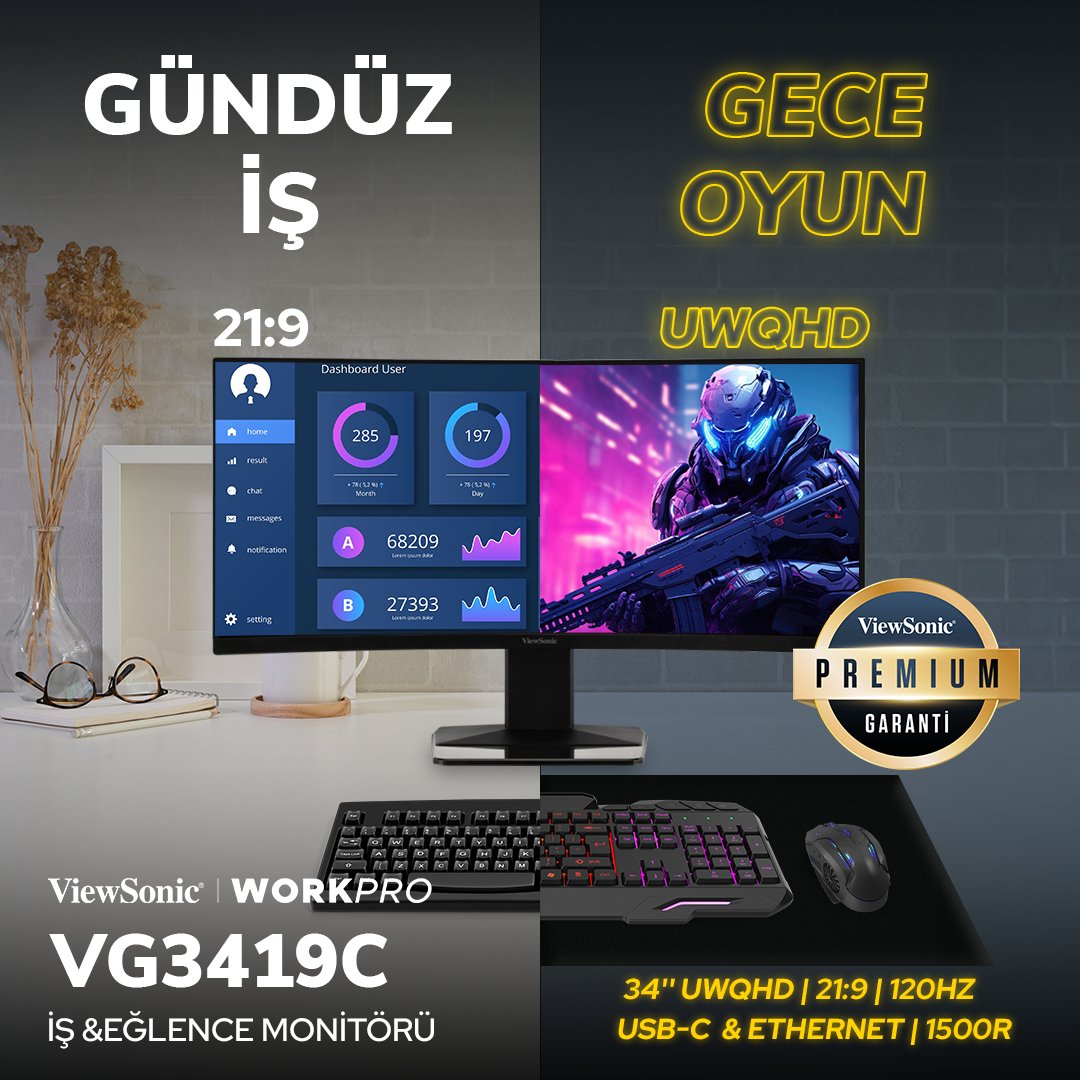 34-inçlik kavisli paneliyle sizi çepeçevre kuşatacak VG3419C.Daha fazla ekran alanıyla geniş görüş açısı sunan ve verimli çalışmayı destekleyen bu docking monitör, USB-C bağlantı noktasına bağlanan tek bir kabloyla güç, veri, video ve ses iletimi sağlıyor!