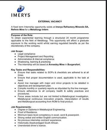 We are currently looking for a Metallurgy Intern. Internship will be based at Annesley Mine in Burgersfort Email your CV to Akani.Mugwabana@imerys.com #MiningVacancies #Metallurgy