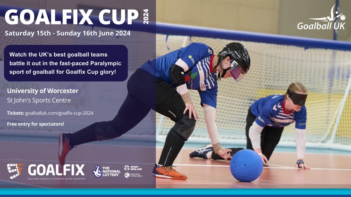 Less than 2 months to Goalfix Cup 2024 on June 15-16 in #Worcester! Join us in person for the best atmosphere, with live audio descriptive commentary! 🙌 🎫 Tickets: eventbrite.com 🔗 Info: goalballuk.com #GoalfixCup2024 #Goalball #BlindSport #InclusiveSport