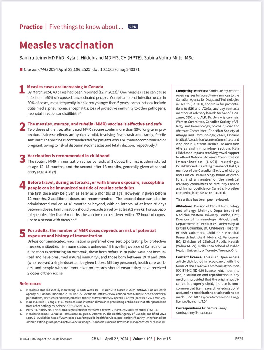 5 things to know about measles vaccination for Canadians. New from me in @CMAJ with @DrSamiraJeimy @KylaHildebrand1 cmaj.ca/content/cmaj/1…