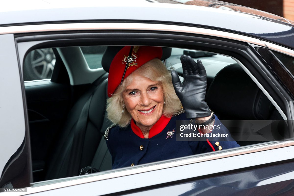 👋  Queen Camilla waves goodbye as she ends her first visit to The Royal Lancers as their Colonel-in-Chief.