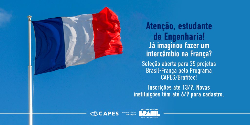 #CAPESBRAFITEC: Oportunidade imperdível! Seja um dos selecionados entre os até 25 projetos em Engenharia. Inscrições até 13/9. Novas instituições têm até 6/9 para cadastro. Não perca! #Brafitec #Engenharia Saiba mais: capes.gov.br/CEtim