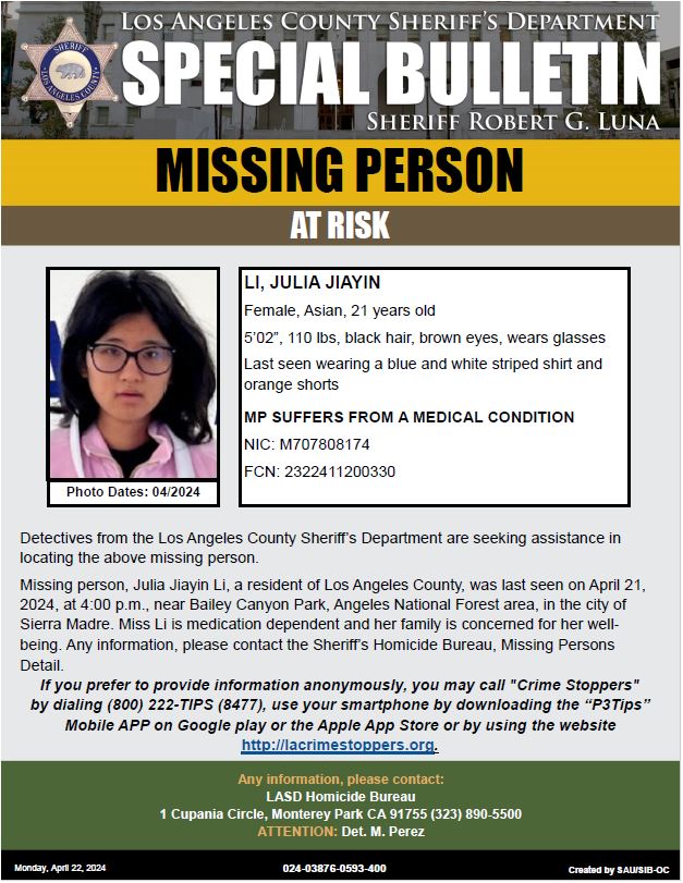 #LASD is Asking for the Public's Help Locating At-Risk Missing Person, Julia Jiayin Li #SierraMadre local.nixle.com/alert/10906421/