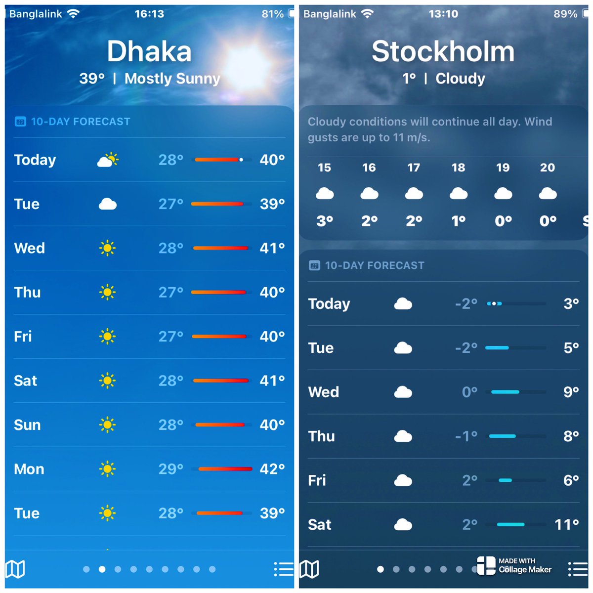 My two favorite capitals 🇧🇩🇸🇪 are showing their true colours this week.. ! 🌞🥵 OR ☁️🥶?