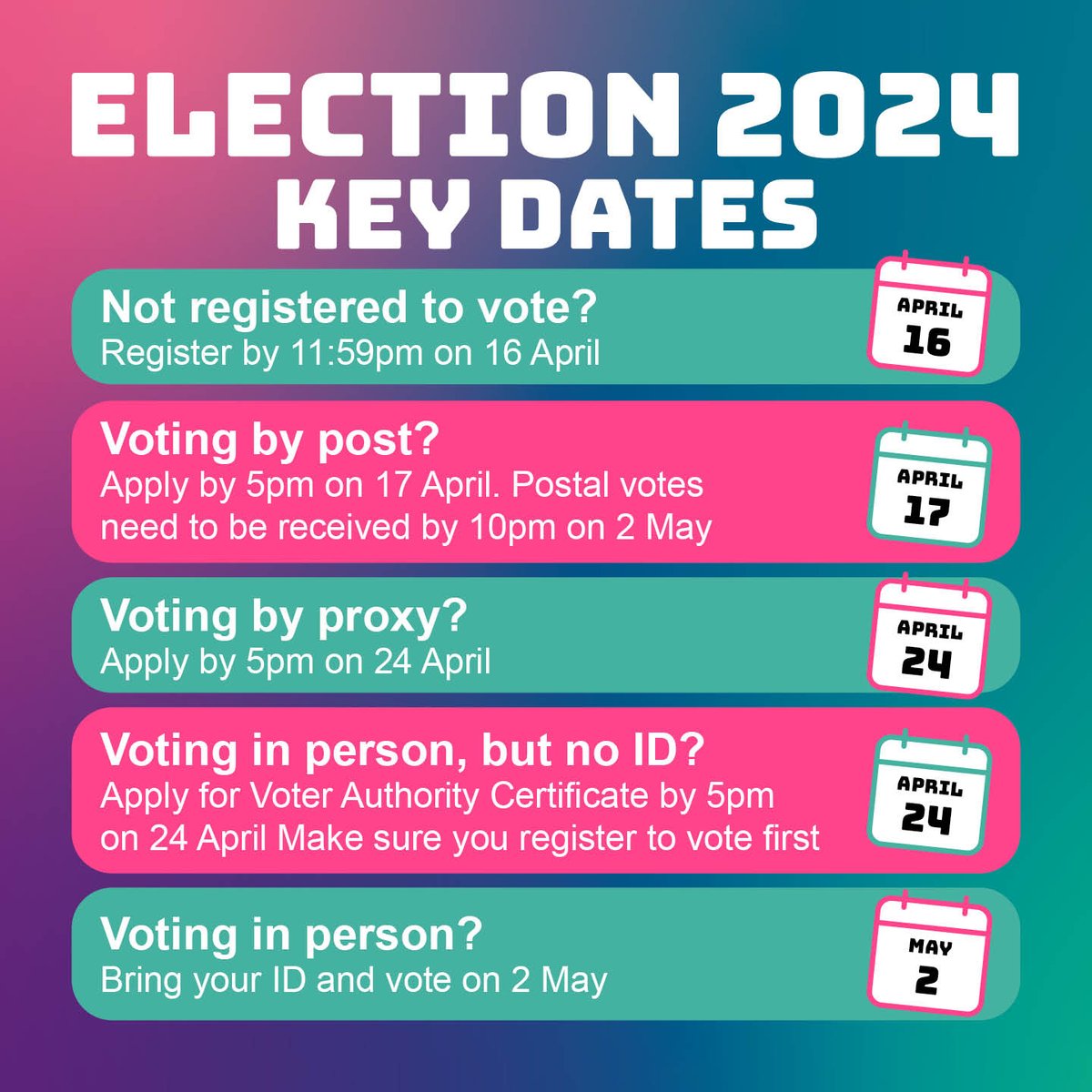 The deadline for new proxy vote applications (not including postal proxy) is 5pm on Wednesday 24 April. Apply online at: ow.ly/VlUy50RhRua