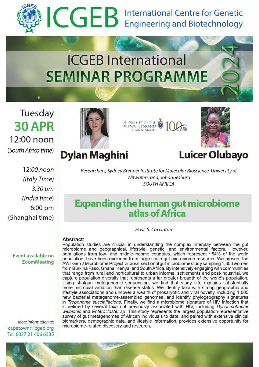 Join us for a talk on Expanding the human gut microbiome atlas of Africa 🌍 Seminar presented by researchers from Sydney Brenner Institute for Molecular Bioscience @WitsUniversity @DylanMaghini @shazeZA 📅 30 April at noon SAST For🔗email: claudia.russo@icgeb.org