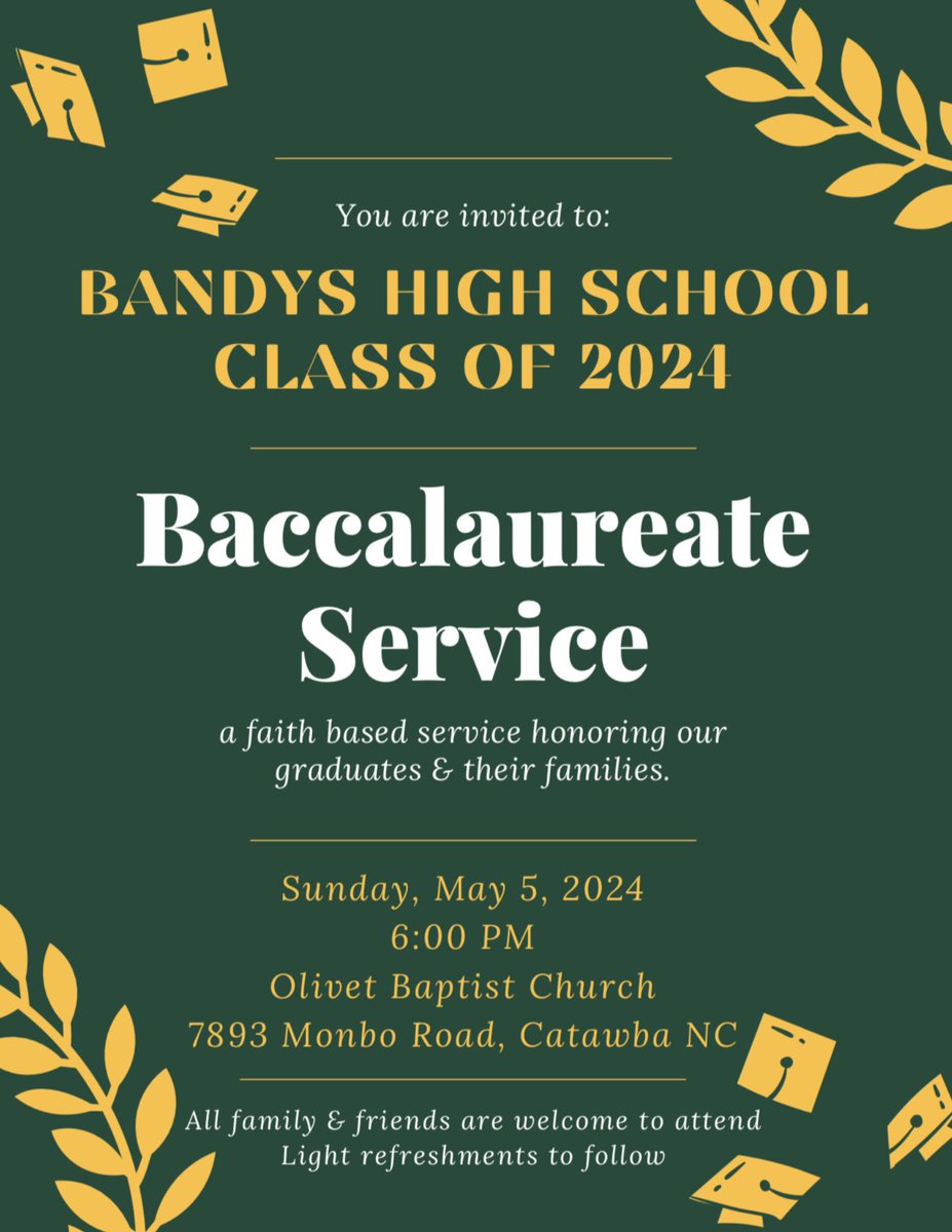 The Fellowship of Christian Athletes invites you to 'Save the Date' for the Class of 2024 Baccalaureate Service, a faith based service honoring graduates and their families. The service will be held on Sunday, May 5 at 6pm at Olivet Baptist Church (7893 Monbo Catawba).