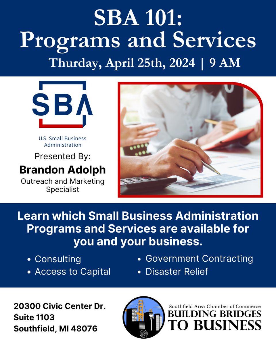 Discover SBA 101: Programs & Services this Thursday with Brandon Adolph from @SBAgov 🤝

🔗 ow.ly/1qfQ50Rjtix

#sba #smallbusinesses #southfield #creatingconnections #southfieldchamber