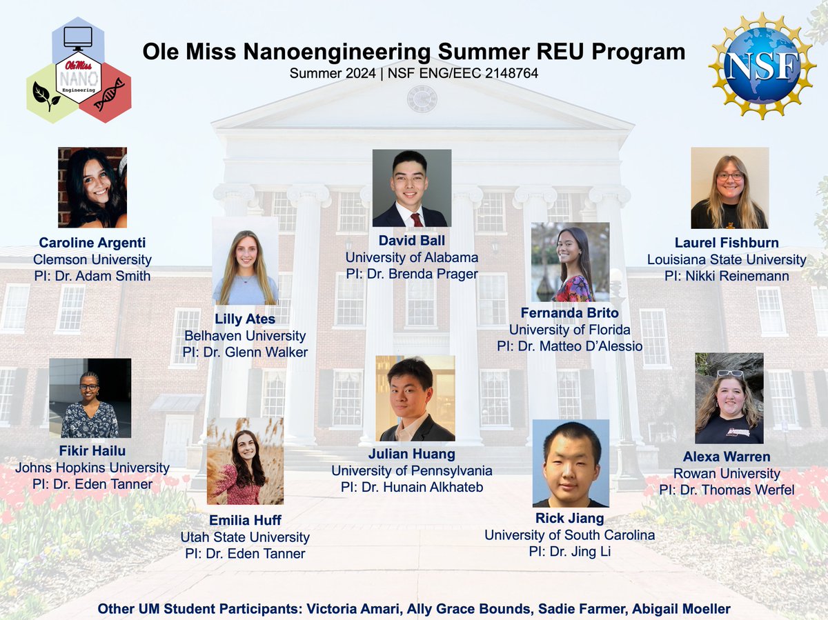 We're excited to share our 2024 Ole Miss Nanoengineering Summer REU student cohort! We look forward to a great summer with all of you! @OleMiss_iNBS @EdenTanner @olemissengineer