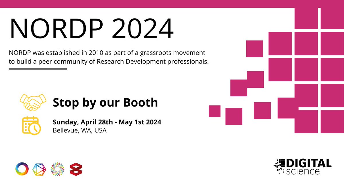⚡@digitalsci will exhibit this week at the @NORDP_official Conference!

🗓️ Sun. April 28th - May 1st, 2024
📍 Bellevue, WA 

We will be showcasing @altmetric @figshare @Symplectic & Dimensions at our booth.