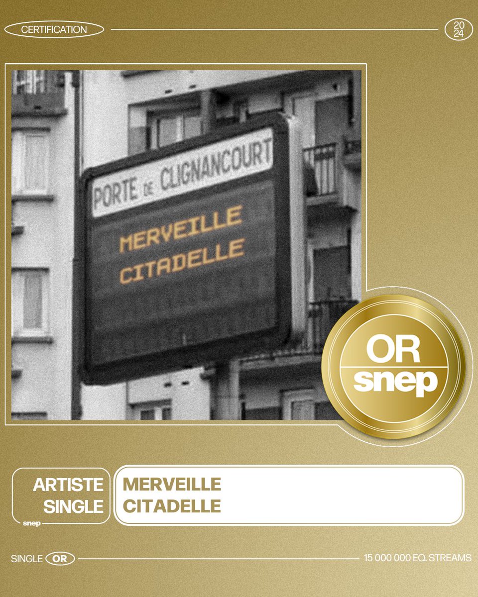 Le titre « Citadelle » de Merveille est certifié Single Or ! 📀

15 000 000 équivalents streams 🎧

Bravo ! 👏