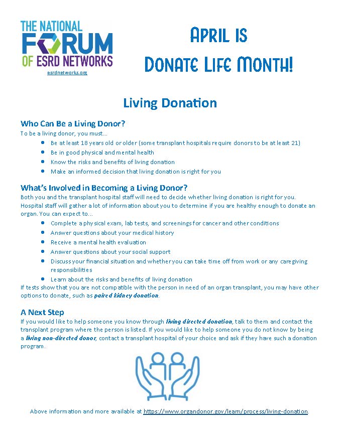April is #DonateLifeMonth. Curious about living donation? Check out the KPAC's flyer on the subject!
