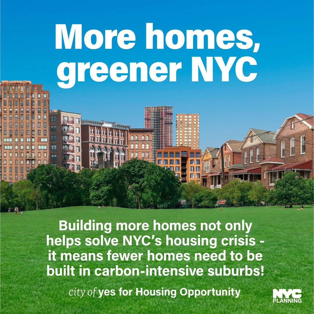 Building more homes not only helps solve NYC's housing crisis – it means less homes need to be built in suburbs, which emit up to 4X more household emissions than cities! Let's make it happen: housingopportunity.nyc #CityofYes #EarthDay 🌳🏘️