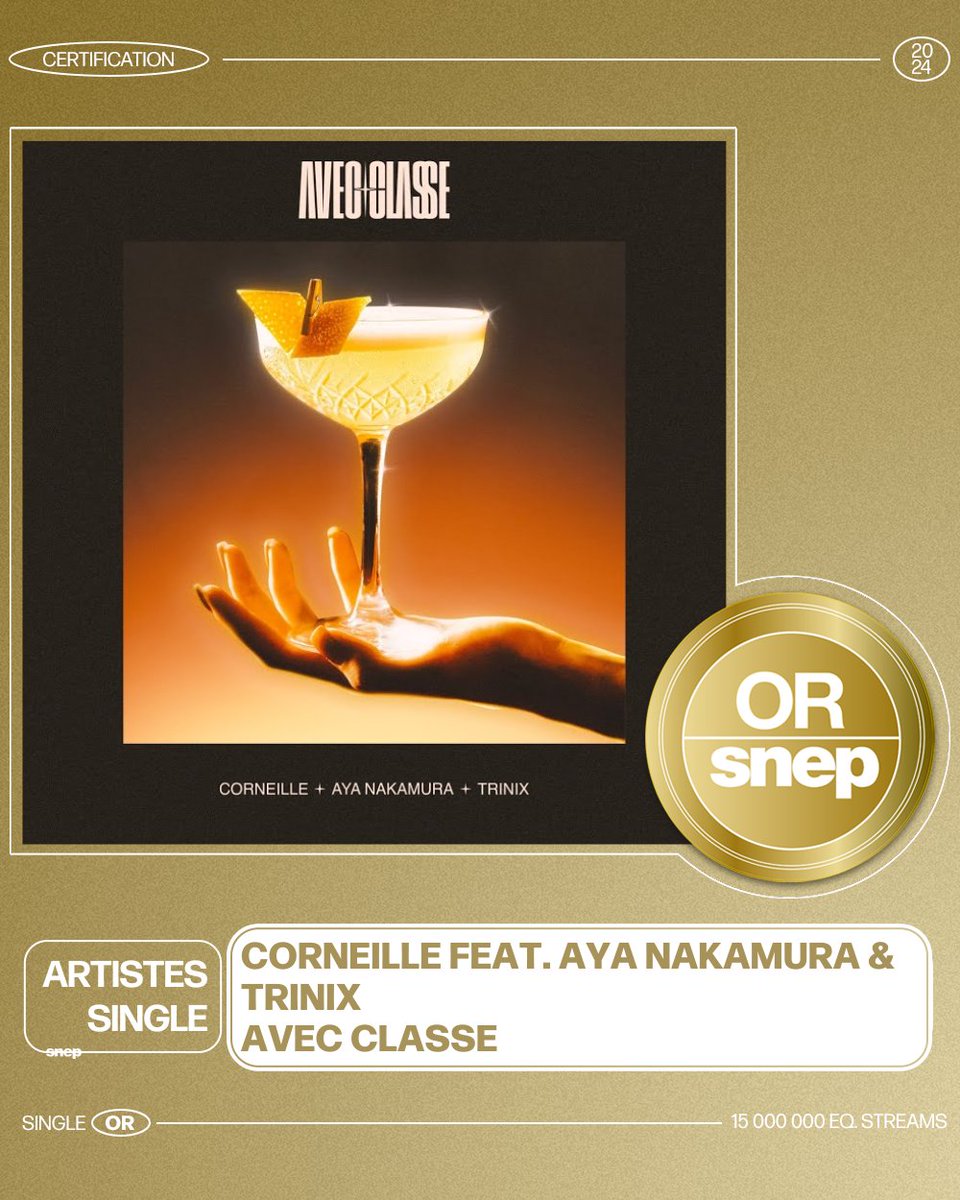 Le titre « Avec classe » de Corneille, Aya Nakamura & Trinix est certifié Single Or ! 📀 15 000 000 équivalents streams 🎧 Bravo ! 👏