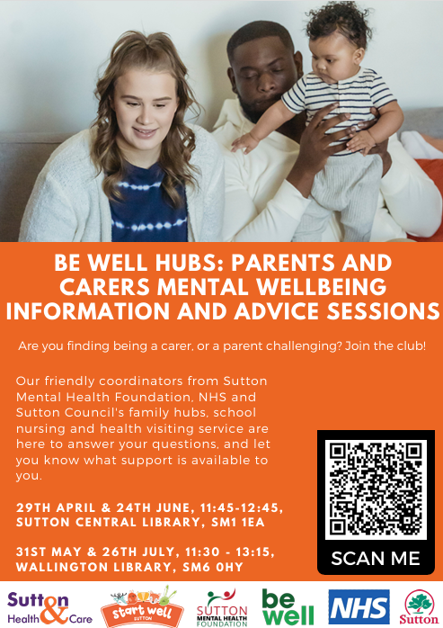 Find out about #MentalHealth and #Wellbeing resources for parents and carers at these Central and Wallington @suttonlibraries #advice sessions. Check the poster for dates! You can also contact us at SCC if you are an #unpaidCarer in need of #emotional support :) 😊