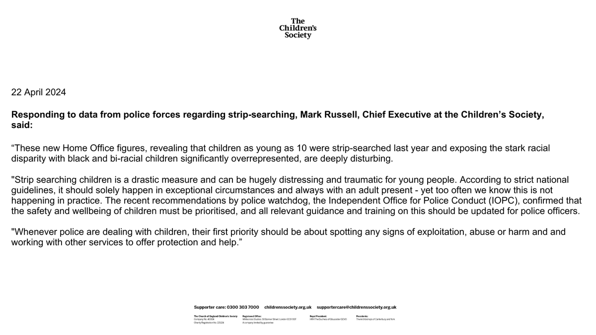More than 60 children a week are being strip-searched by police in England and Wales. The data from 41 out of 43 police forces shows that children who identify as black, Asian, or mixed race are significantly more likely to be targeted. Read our CEO Mark Russell’s statement 👇