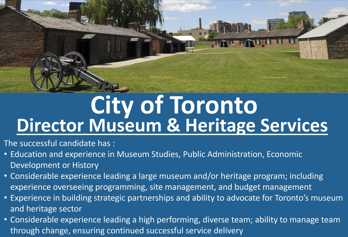 We are recruiting for a Director, Museum and Heritage Services to  lead innovative museum and heritage programming, driving engagement and community outreach through a range of programs, exhibits, and events. Review details an apply here jobs.toronto.ca/jobsatcity/job…