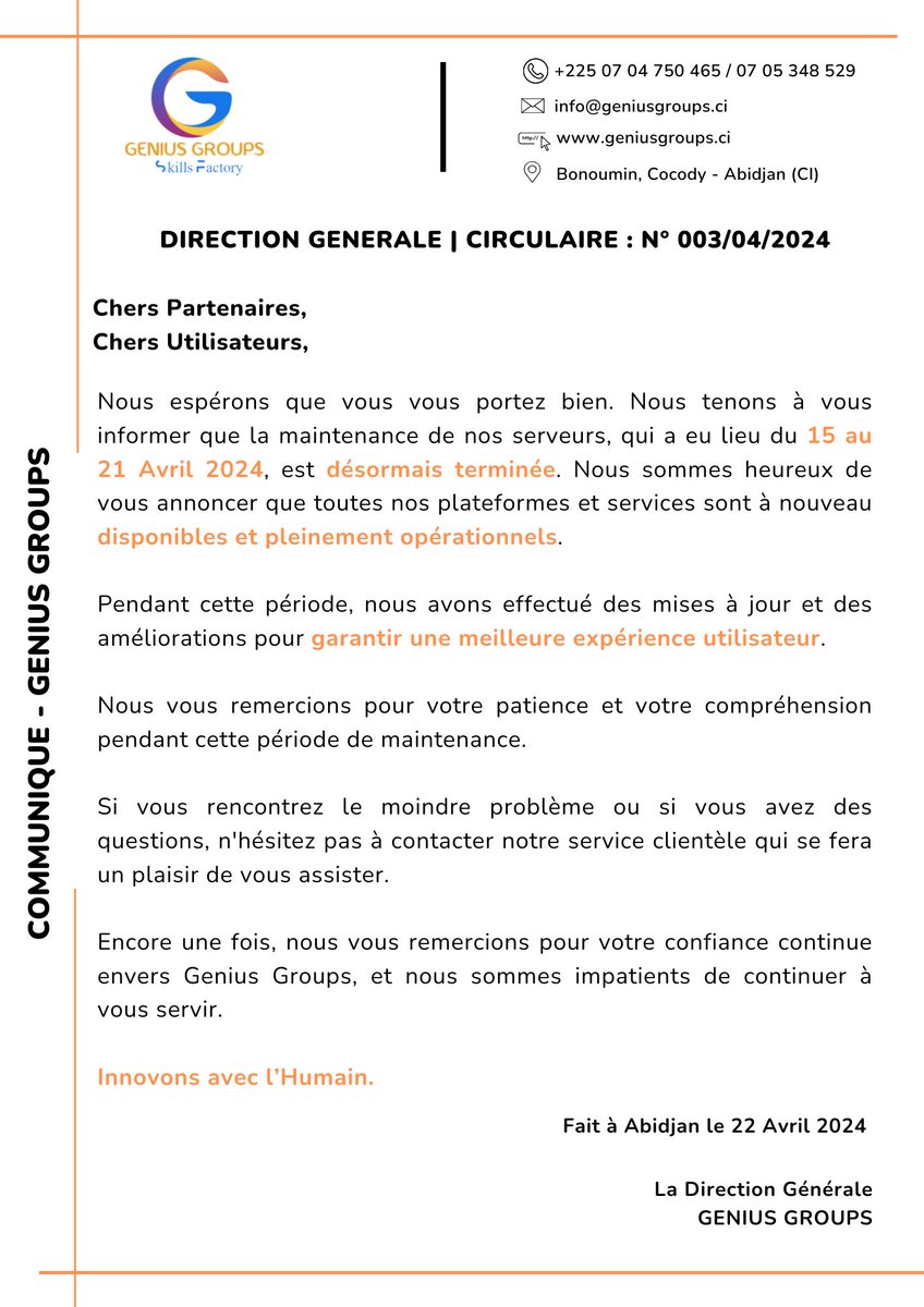geniusgroups_'s tweet photo. 🚨 COMMUNIQUE - MAINTENANCE SERVEUR TERMINÉE🚨

Chers abonnées genius,

L’opération de maintenance générale a été un succès. Nous tenons à vous informer que nos services sont à nouveaux disponibles et opérationnels. https://t.co/Z8o8AiKACQ