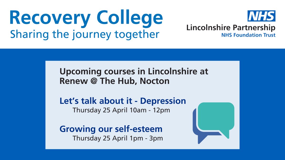 Join us in #Nocton this week for two free educational courses run by #LincsRecoveryCollege The team will be exploring and talking about depression Thursday at 10am, and supporting people to grow their self-esteem at 1pm. Book your place and read more at lpft.nhs.uk/recovery-colle…