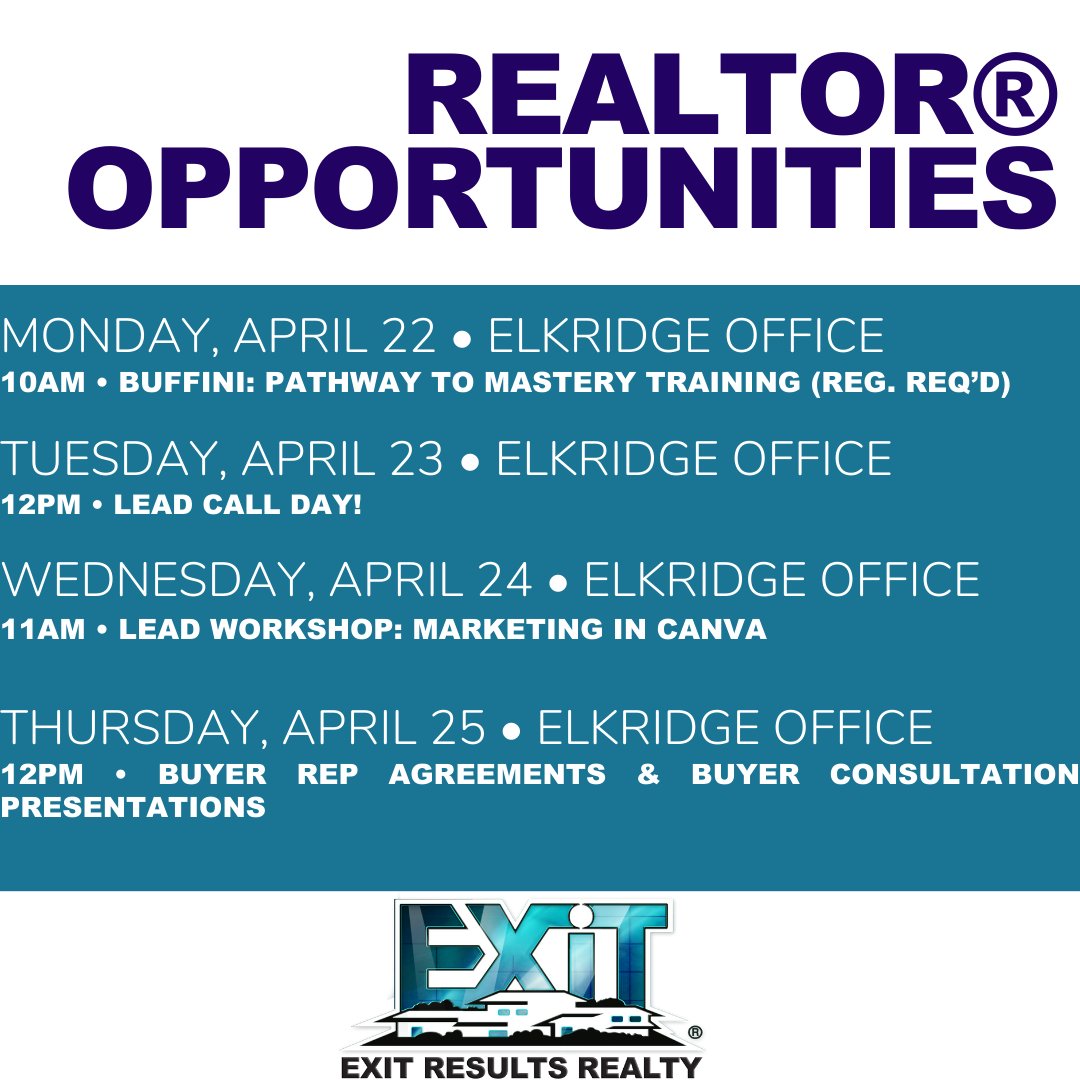 ExitResults's tweet photo. 📚Join us this week for training and networking. All agents are welcome! 📚

We hope to see you there!

#EXITResults #realestate #baltimorerealestate #marylandrealestate #loveEXIT #haveleadsneedagents  #greatagentsaretrained https://t.co/gExsJ3TJ6I