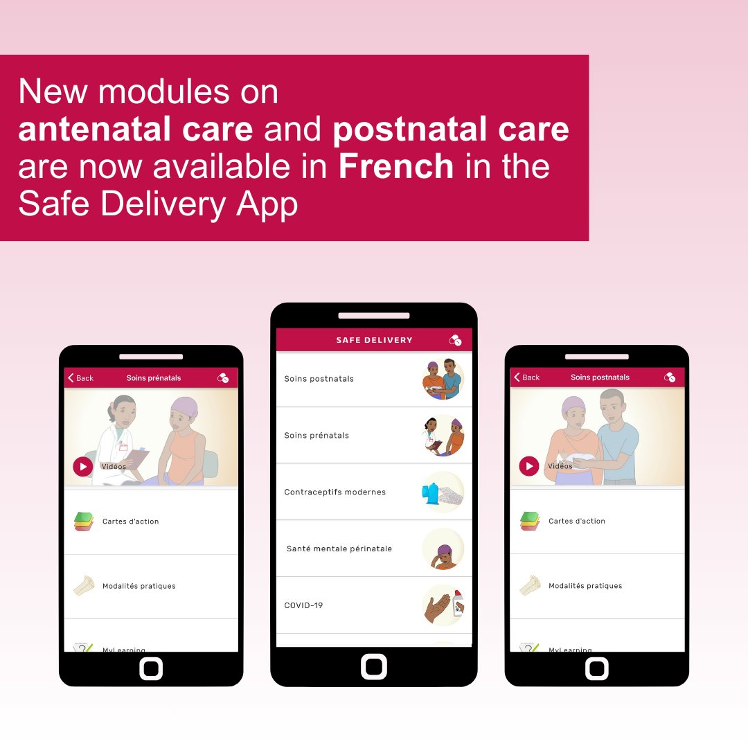 We have released two new modules on antenatal- and postnatal care in French in the Safe Delivery App to support French speaking midwives and other healthcare pros in providing quality care before & after birth. To date, we have reached more than 400k+ healthcare pros worldwide.