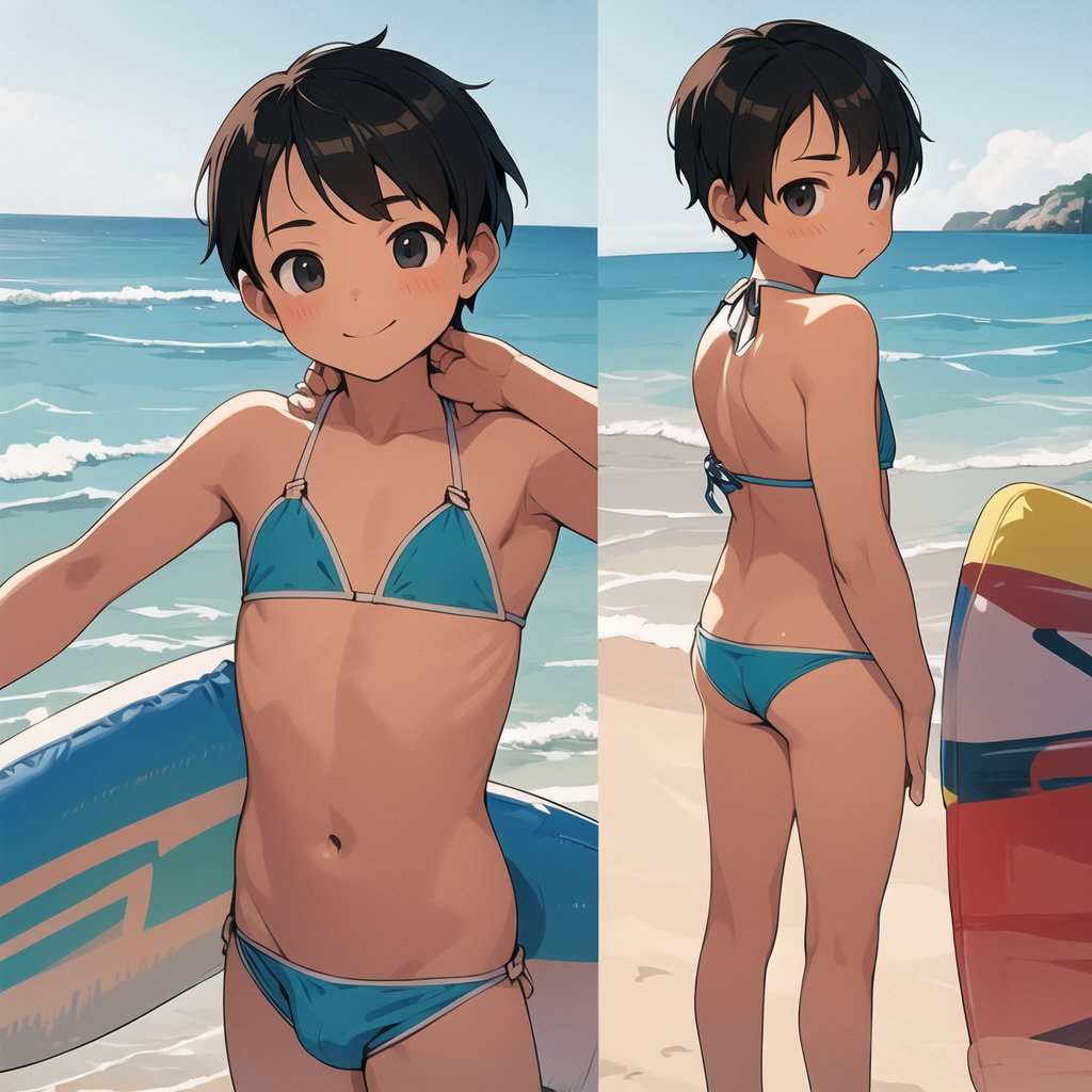 ショタ ビキニパンツ AIくん？君は水着の少女は普通に出せるからじゃあ少年はどうだ？と思って指示を出したんだが…何故「Swim  wear」で女性競泳水着着用のショタ、「bikini」だと普通に女性用ビキニ上下のショタを出してくるんだい？しかも３つめはご丁寧に裏表だときた ...