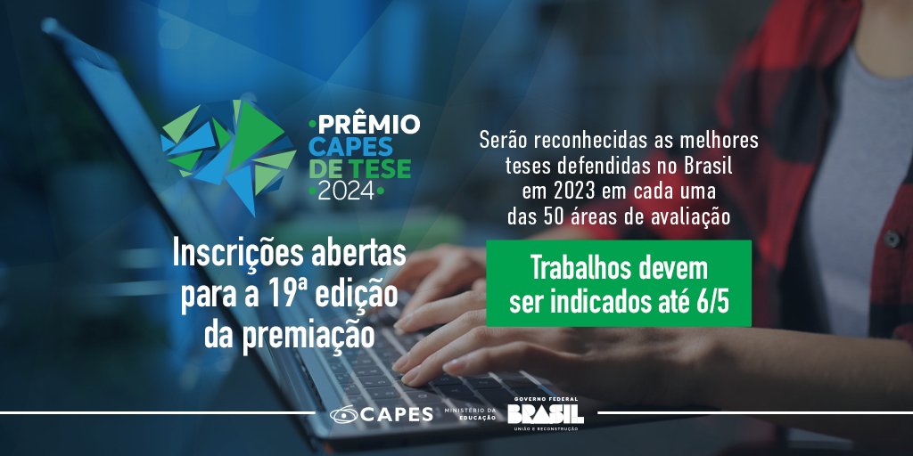 A inscrição do trabalho deve ser feita pelo PPG responsável pela pré-seleção das teses. O prazo para a indicação vai até 6 de maio e é feita, exclusivamente, pelo site pct.capes.gov.br. Saiba mais sobre o #PrêmioCAPESdeTese e confira o edital: capes.gov.br/b38AQ