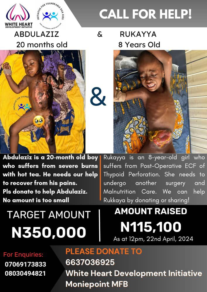 erbdoul_'s tweet photo. #ACallForHelp

Your kind donations are already making impact in the recovery of Abdulaziz and Rukayya. They need all of us even more now. Pls Donate &amp; share. 

₦115,100 Raised
₦234,900 Left 
Every donation counts🙏🏽 https://t.co/38BpCXfkUz
