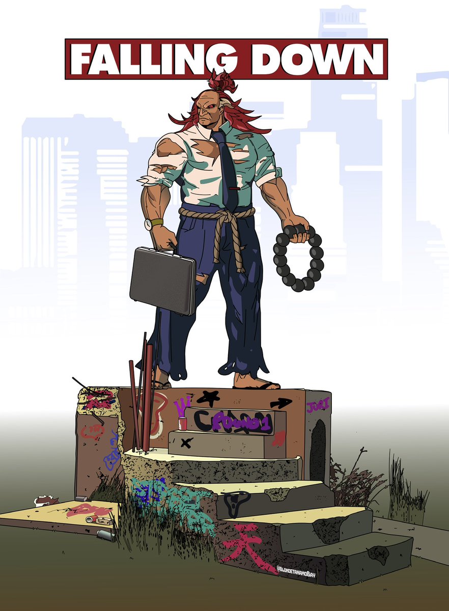 Unused balding salary man Akuma concept art mixed with the film Falling Down. D-Fens! #StreetFighter6