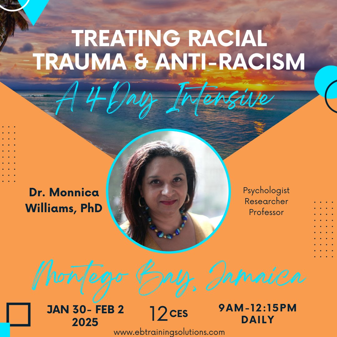 Next year I'll be in Montego Bay, Jamaica for a training with EBTS! Training will take place in the morning, and attendees can relax in the evening😊. Signups and more details are available online: ebtrainingsolutions.com/event/2025-01-… #racialtrauma #activism #culturalcompetency #training