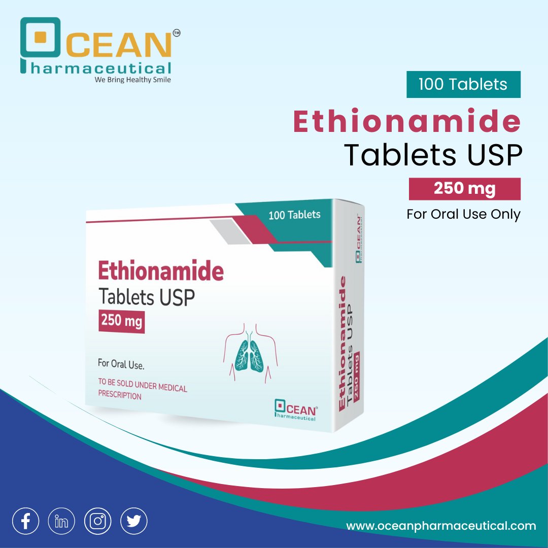 Empower your treatment plan with Ethionamide Tablets USP - each tablet contains 250 mg for oral use, conveniently packaged in a set of 100 tablets. 💊💪

🌐Website: oceanpharmaceutical.com

#OceanPharmaceutical #Pharma #Healthcare  #Ethionamide #MedicalTreatment #OralMedication