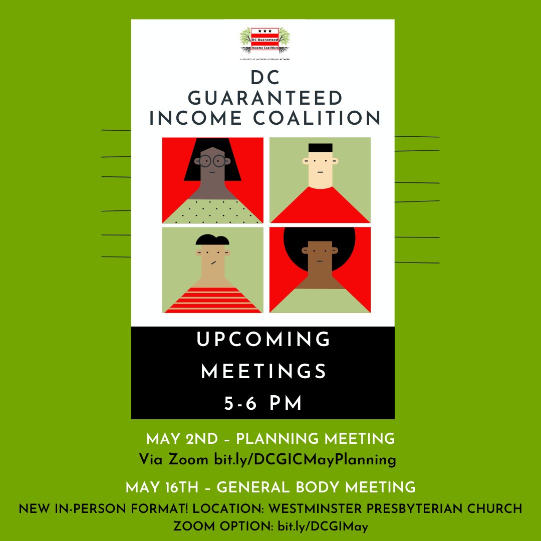 We're excited to announce our DC GIC May meetings, including a new in-person format for our general May meeting! We look forward to seeing you there and continuing our important work together!

#guaranteedincome #dcevents #DCGIC #DC