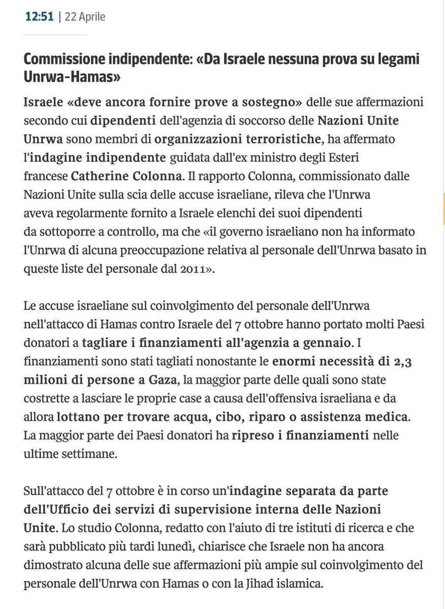 Commissione indipendente: “Da Israele nessuna prova su legami Unrwa-Hamas” Da @Corriere